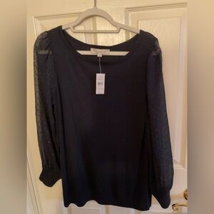 LOFT Navy Top with Sheer Swiss Dot Sleeves – Size L (NWT)